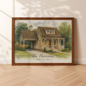 Alternative view of Personalized Watercolor Family Home Portrait | Custom Art Print for The Harrison Family, 68 Azalea Lane, May 5, 2024
