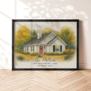 Alternative view of Personalized Watercolor House Portrait of The Harrisons at 972 Cedar Lane - Unique Home Decor Gift for Any Occasion