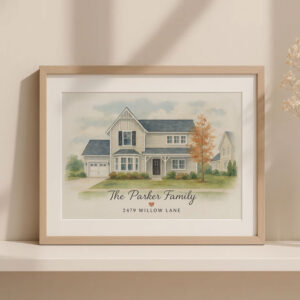 Alternative view of "Personalized Watercolor House Portrait - The Harrison at 853 Riverwood Lane, Custom Home Art Print"