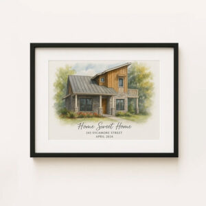 Alternative view of "Personalized Watercolor Home Portrait of The Harrisons at 24 Oakwood Lane"