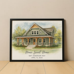 Alternative view of Custom Watercolor Home Portrait with Personalized Name & Address - Unique Gift for New Homeowners or Housewarming Decor
