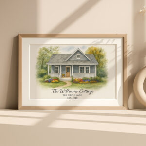 Charming Watercolor Cottage Art Print The Williams Cottage At 180 Maple Lane Established 2020