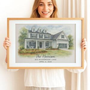 Personalized Watercolor Family Home Portrait Custom Housewarming Gift For New Homeowners