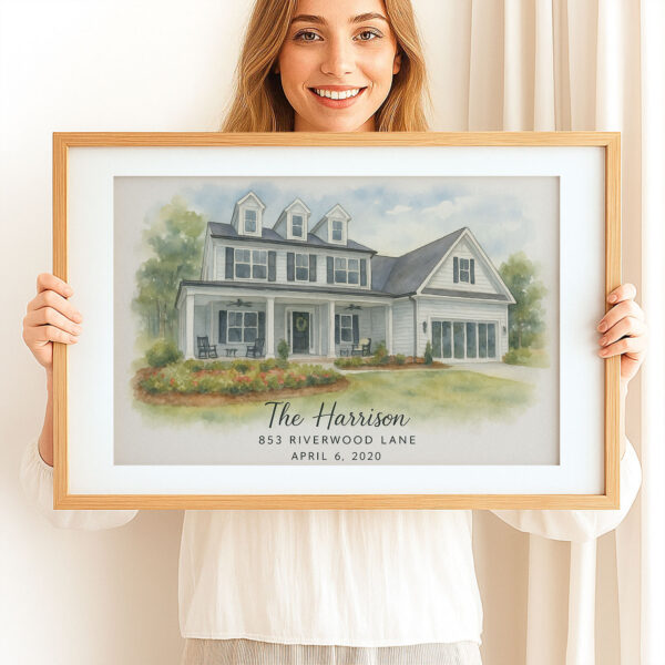 Personalized Watercolor Family Home Portrait Custom Housewarming Gift For New Homeowners