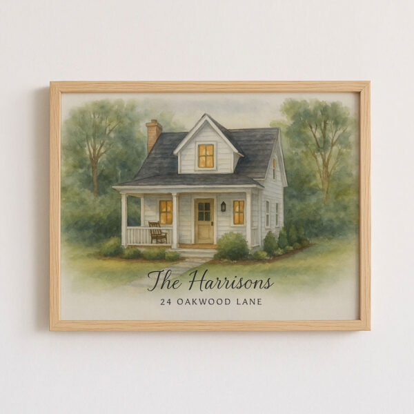 Personalized Watercolor Home Portrait Of The Harrisons At 24 Oakwood Lane