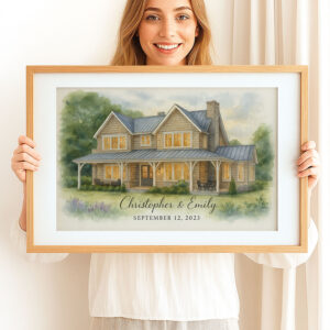 Personalized Watercolor House Portrait For Couples Custom Art For Home Decor Anniversary Gift