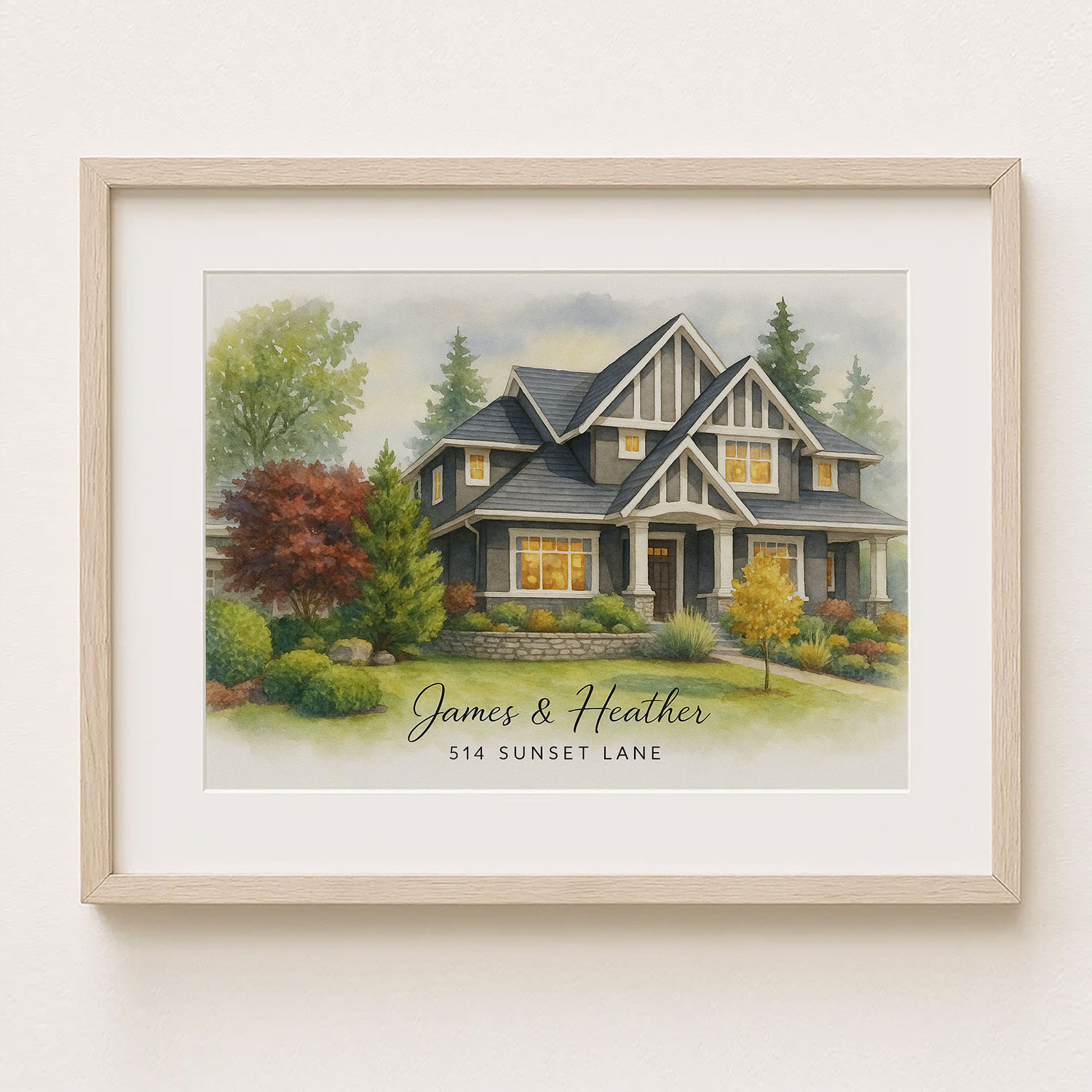 Personalized Watercolor House Portrait For James Heather At 514 Sunset Lane Unique Home Decor Gift
