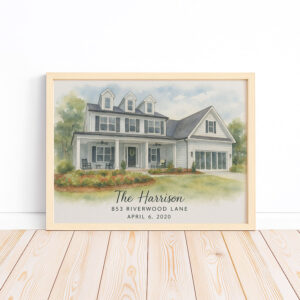 Personalized Watercolor House Portrait The Harrison At 853 Riverwood Lane Custom Home Art Print