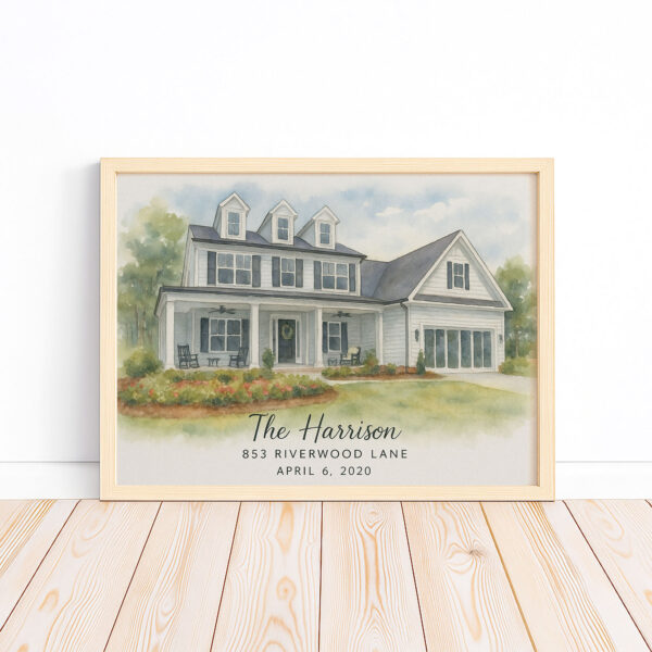 Personalized Watercolor House Portrait The Harrison At 853 Riverwood Lane Custom Home Art Print