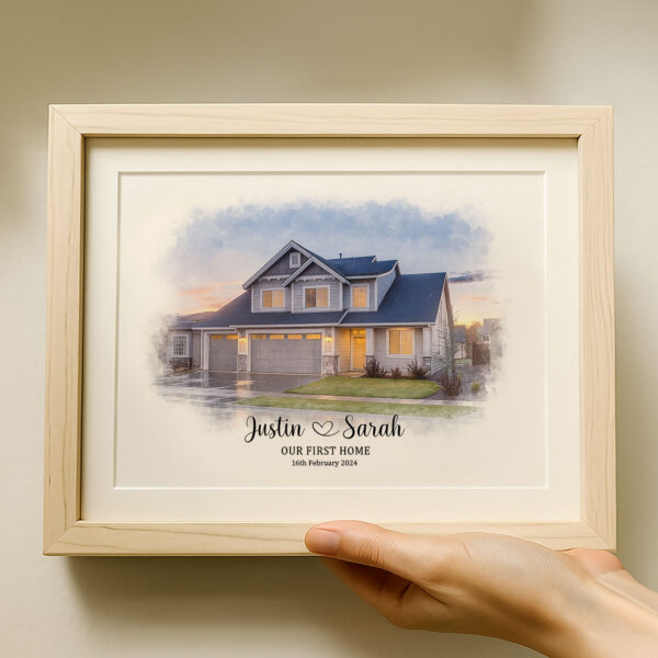Personalized Watercolor Portrait Of Your First Home Custom Art For Justin Sarah February 2024